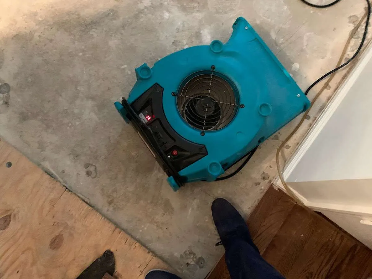 Air mover drying subfloor during Commercial Water Damage Restoration in Kimberly